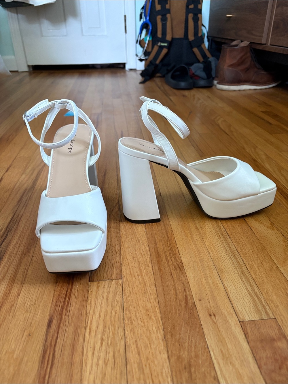 White Platform Block Heel Sandals with Ankle Strap
